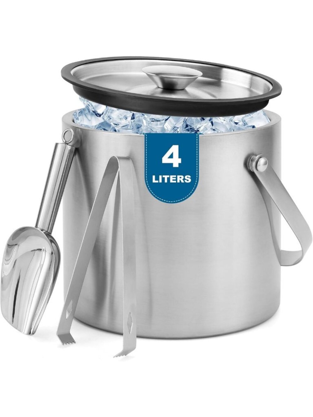 Double Wall Insulated Ice Bucket 4L with Lid, Scoop & Tongs - Perfect for